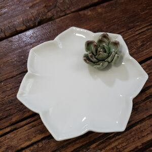 White Ceramic Trinket Or Jewelry Dish with Green Succulent Accent